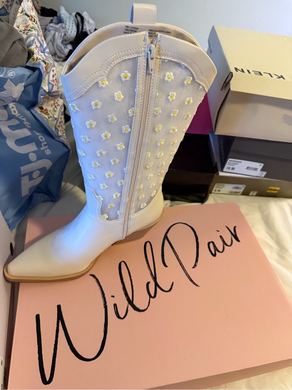 Wild Pair White Mid-Calf Daisy Embroidered Heeled Boots